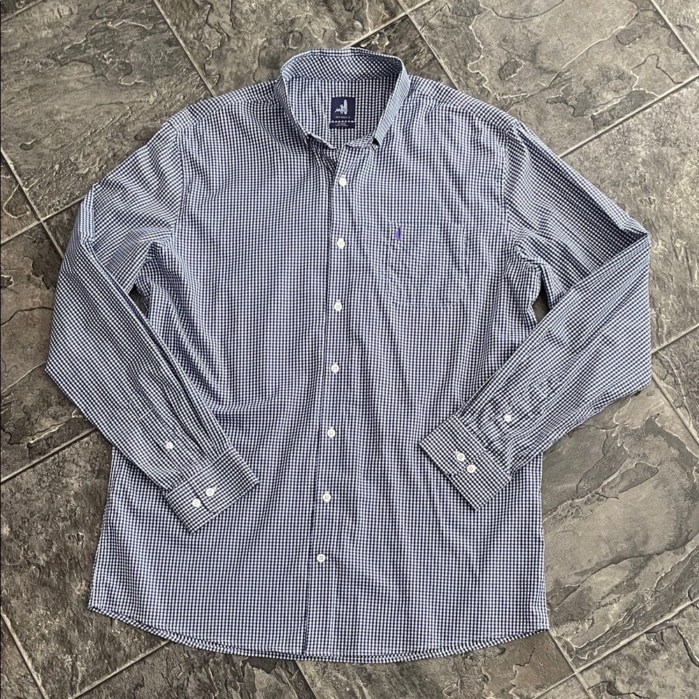 JOHNNIE-O Navy & White Checkered Button-up Shirt Preppy Coastal Lightweight Cool